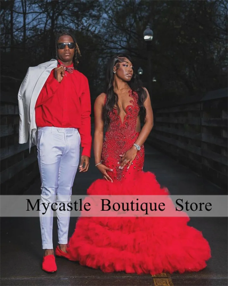 Red Diamonds Mermaid Prom Dresses 2026 For Black Girls Tulle Rhinestones Formal Occasion Gowns Wedding Party Dress Customized
