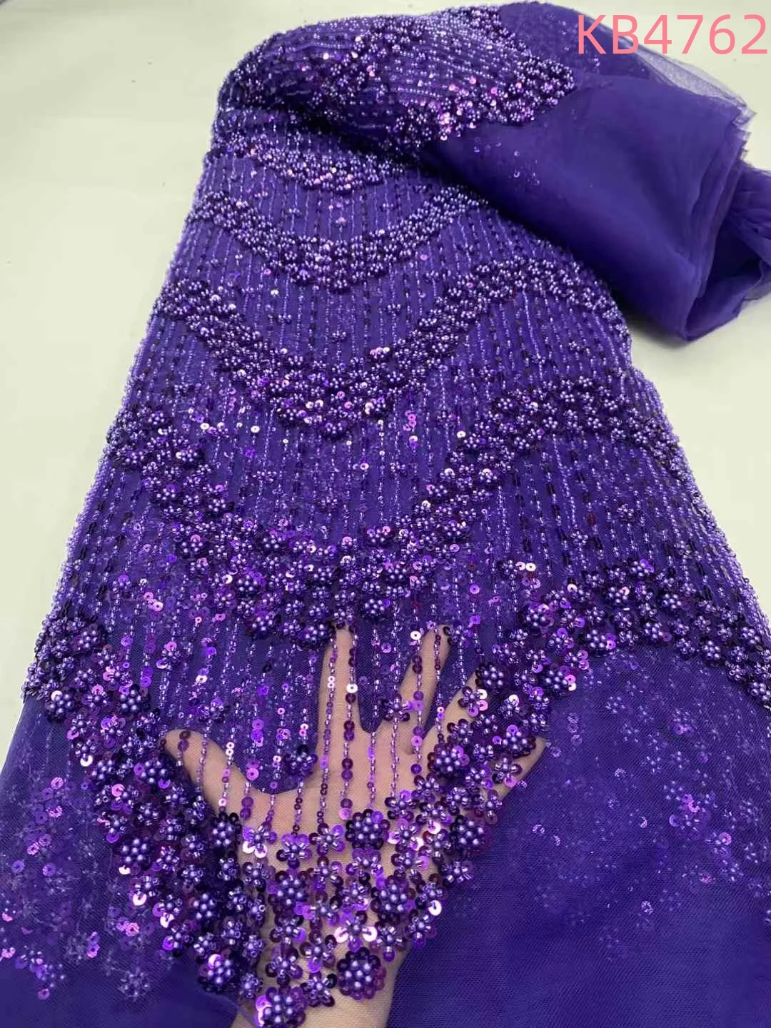 Tela africana de encaje de alta calidad, Secuencia púrpura 2025, tela de encaje de malla francesa, encaje bordado de tul con cuentas para coser KB4762