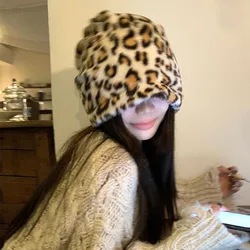 New Trendy Leopard Print Retro Y2K Plush Pullover Hat for Men and Women Winter Warm Ear Protection Ski Skull Beanie Cap Bonnet
