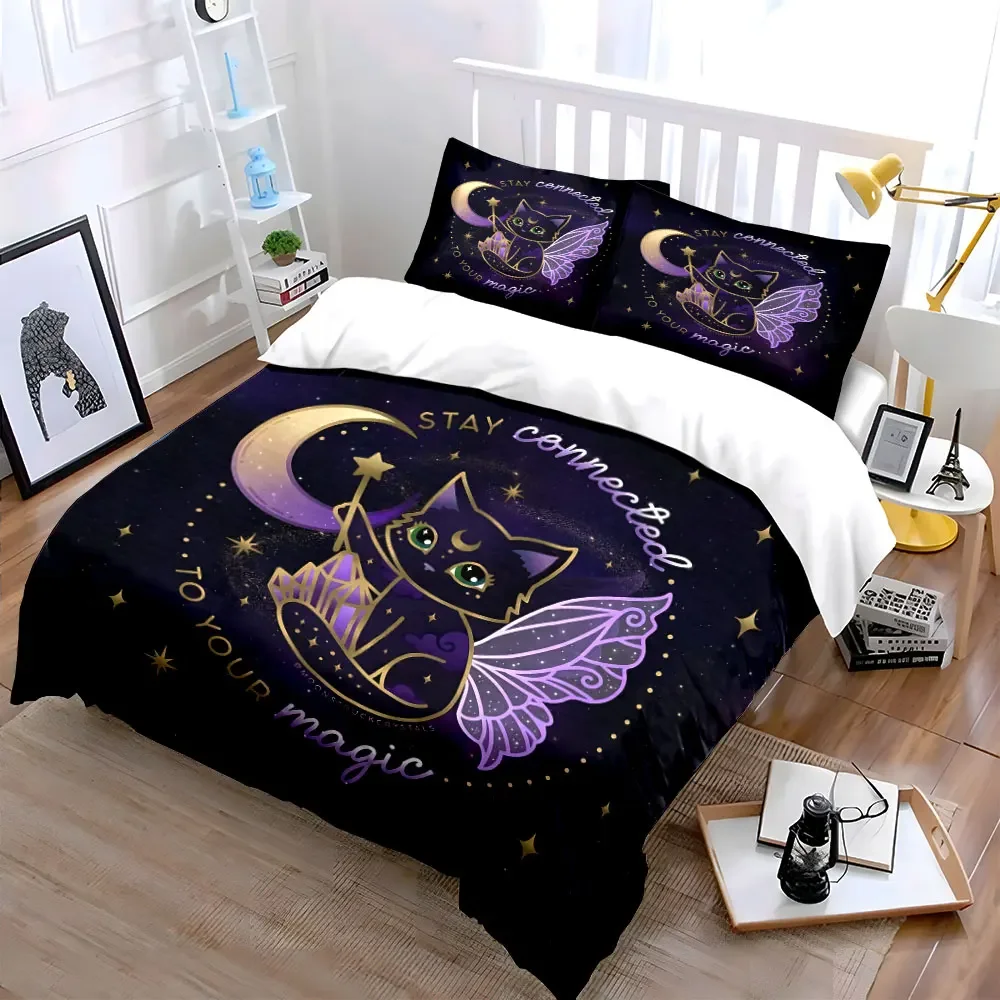 Magical Cat Fairy Decor Set Soft Comfortable Duvet Cover Bedding Set Included 1*Duvet Cover & 2*Pillowcases, gift