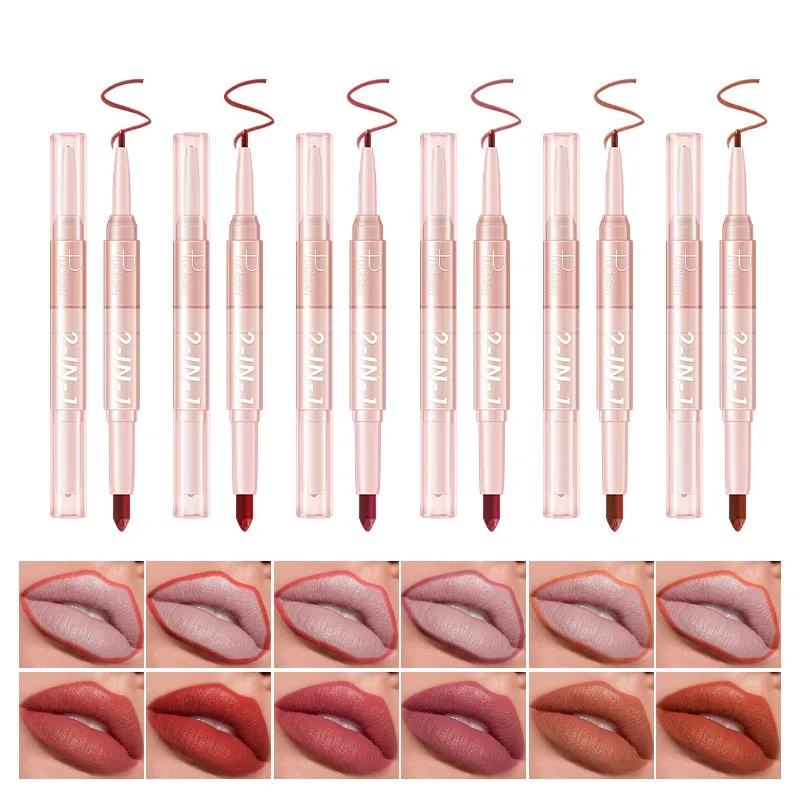 2 in 1 Double Head Lip Gloss Matte Velvet Waterproof Non Stick Cup Long-lasting Red Lip Glaze Lip Liner Cosmetic Women Makeup