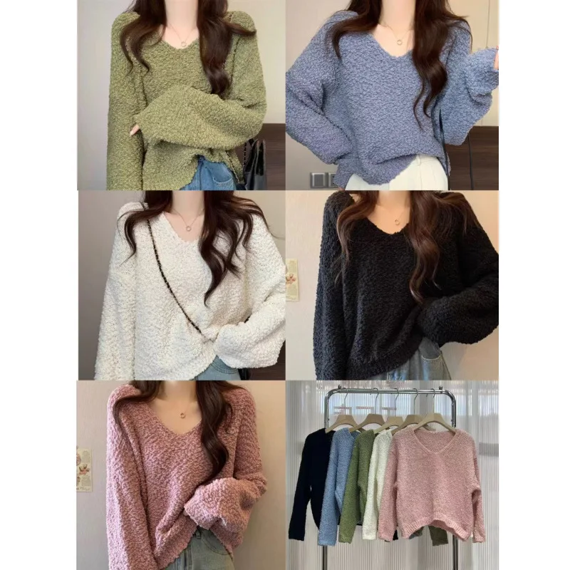 

Свободный вязаный свитер с длинными рукавами, повседневный, удобный, модный женский пуловер с V-образным вырезом в корейском стиле, больших размеров