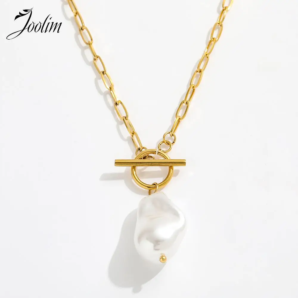 

Joolim Jewelry High End PVD Wholesale Non Tarnish Baroque Pearl Pendant Toggle Pin Link Chain Stainless Steel Necklace for Women