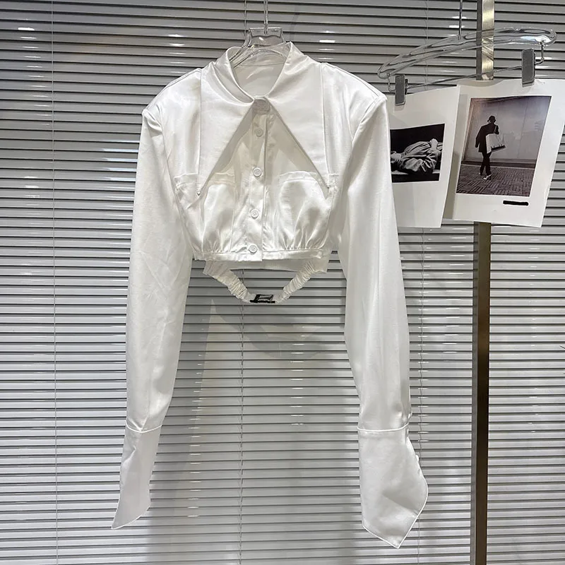 HKSH 秋の新女性ショートシャツターンダウン襟長袖シングルブレストサテンエレガントでスタイリッシュなパンクストリートトップ HK10188