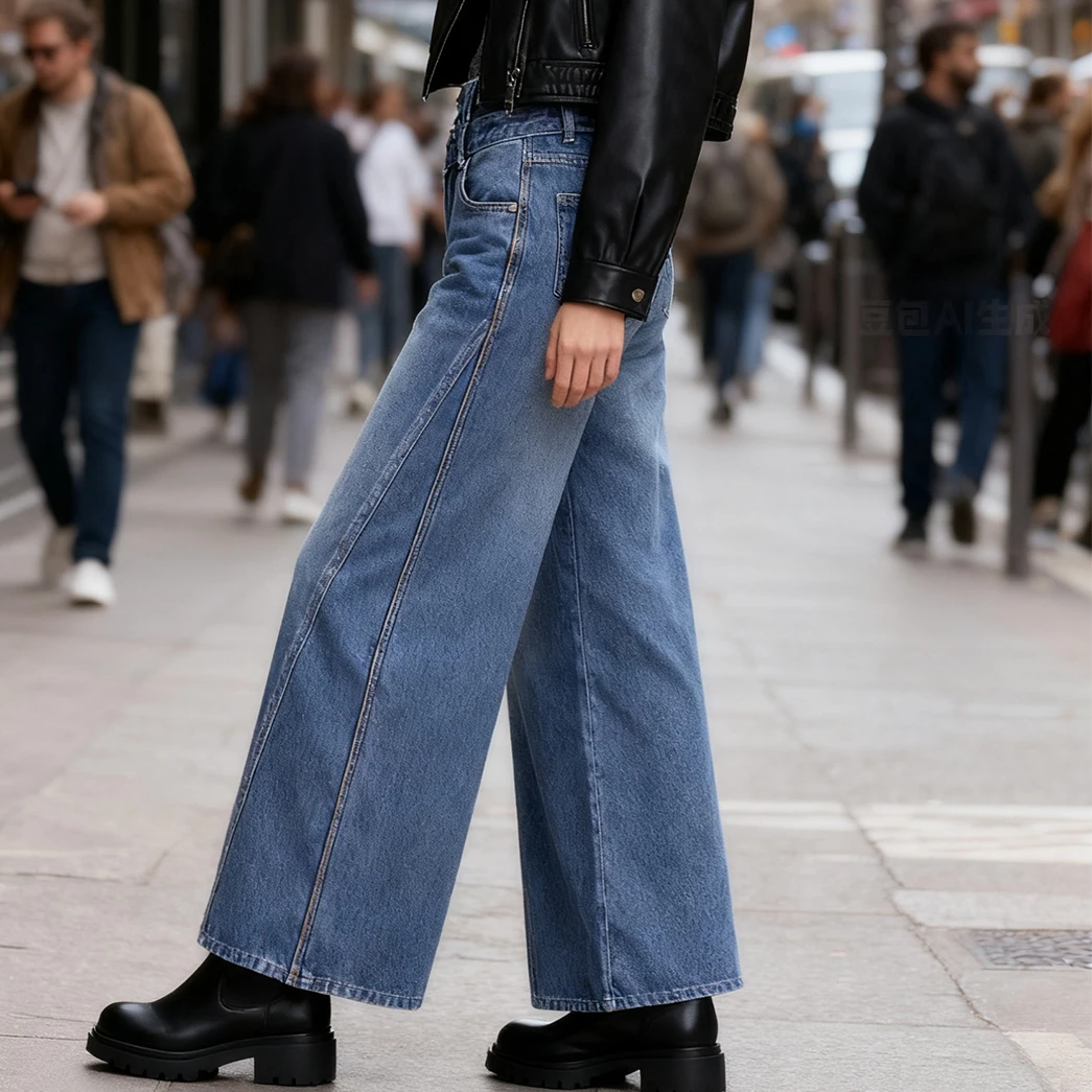Jean taille haute en Polyester bleu à jambes larges pour femmes, avec fermeture à double bouton, poches avant, pantalon en Denim à jambes larges