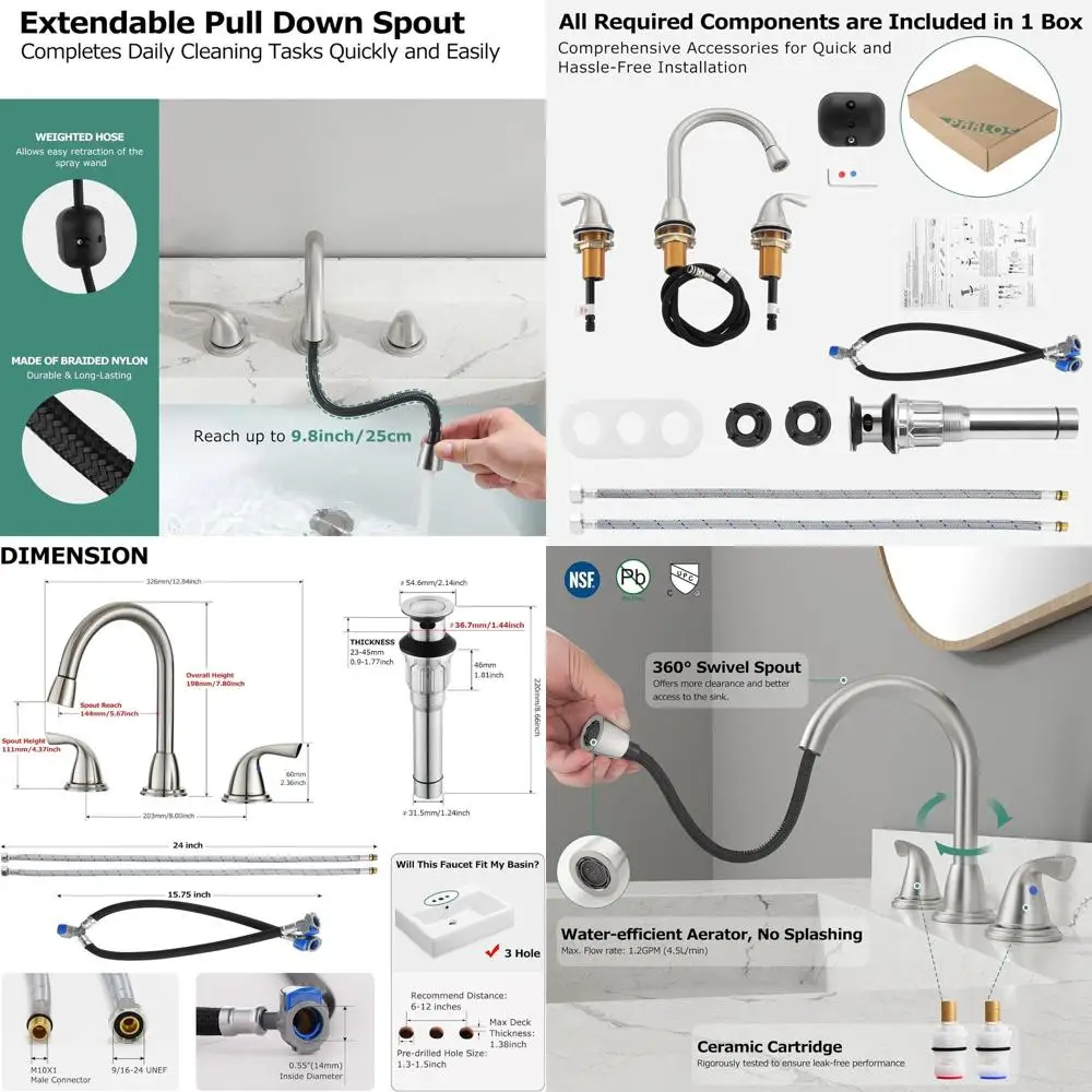 

360-Degree Swivel Spout, Widespread Brushed Nickel Faucet with Pull-Out Spray, 3-Hole Mount, 1.2 GPM