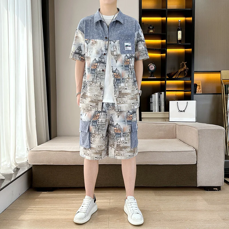 Casual 2023 Summer New Shirts And Shorts Men's Sets Hip Hop Streetwear Loose Two Piece Top Tee&Knee-Length Pant Youth Print Suit