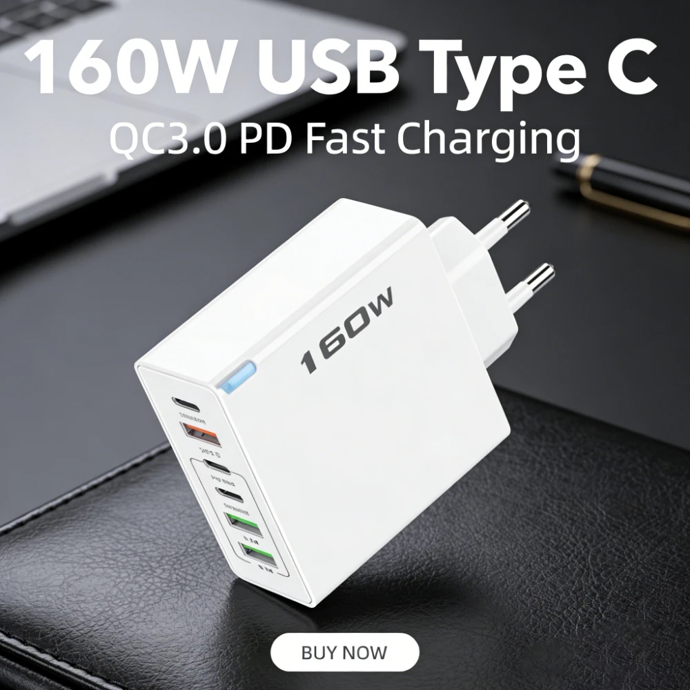160W Multi-Port USB‑C Fast Charger PD QC Quick Charge EU US UK Plug Wall Charger Adapter for iPhone Samsung Xiaomi Mobile Phones