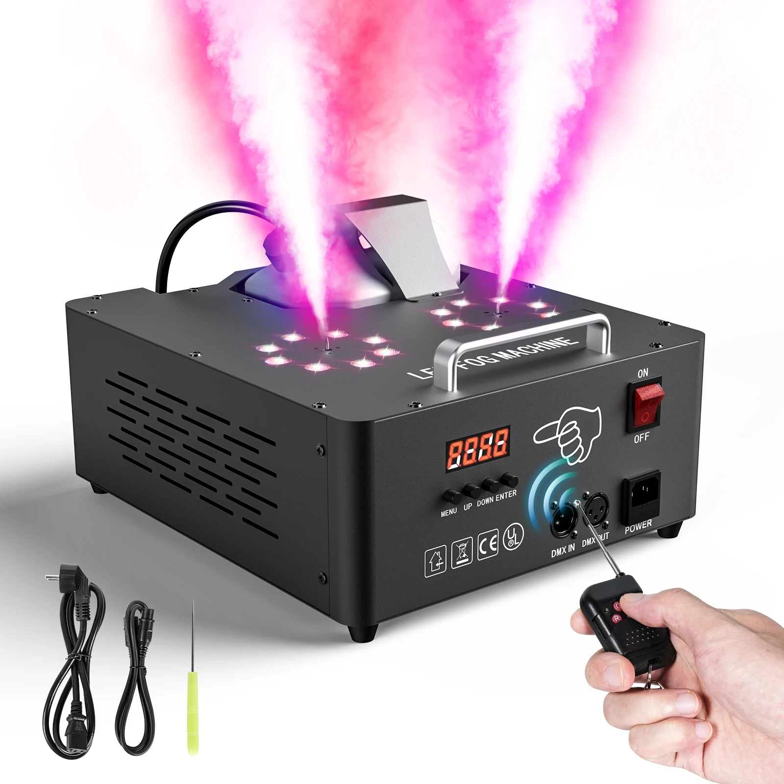 2000W Smoke Machine Double Holes Fog Machine with RGB Effect Lights for Performance Remote Fog Sprayer Wedding Concert DJ Disco