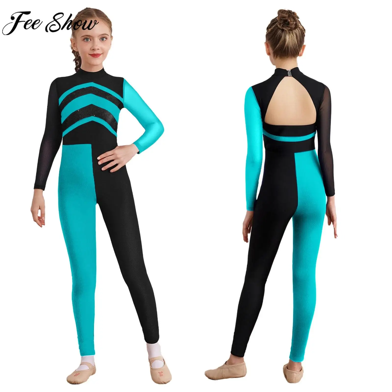 

Kids Girls Gymnastics Leotard Figure Skating Ballet Dance Acrobatics Yoga Bodysuit Long Sleeve Shiny Sequins Sheer Mesh Jumpsuit