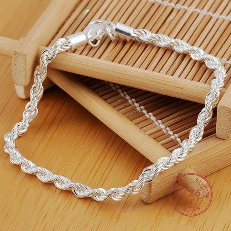 

New 925 Sterling Silver 8 Inches 4MM Hip Hop Rope Chain Bracelet for Men Women Fashion Wedding Party Gift Jewelry Accessories