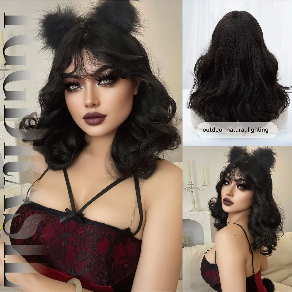 16Inch Gothic Style Black Brown Color Synthetic Wigs With Bangs Short Natural Curly Hair Wig For Women Daily Use Heat Resistant