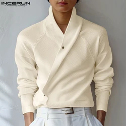 INCERUN Tops 2024 American Style Fashion Men Slanted Placket One Button Pullovers Casual Simple Male Solid Long Sleeved Sweaters