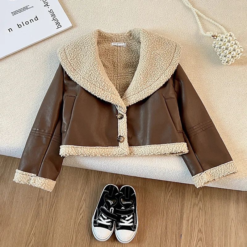 Girls' Fur One-piece Big Turn-down Collar Leather Jacket 2026 New Korean Thickened Children's Leather Jacket Trend