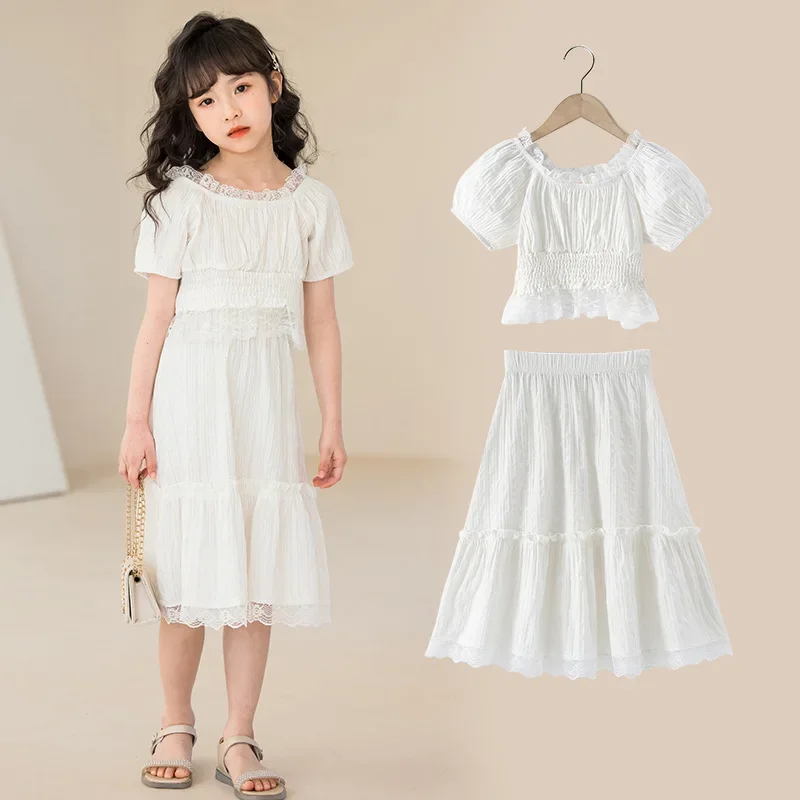 2024 Korean Summer School Girl Jacquard Lace Dress Suit Teenager Girl Ruffle Elastic Waist Tops+Skirt Set For Girls 4-15Yrs