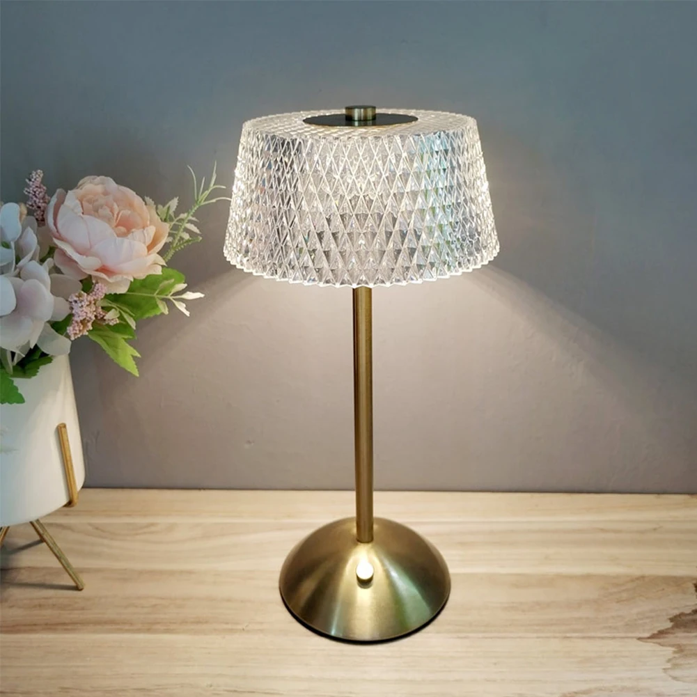 Sem fio recarregável cristal abajur, metal abajur, toque controle, 3 modos de cores, portátil, retro, mesa, quarto, bar