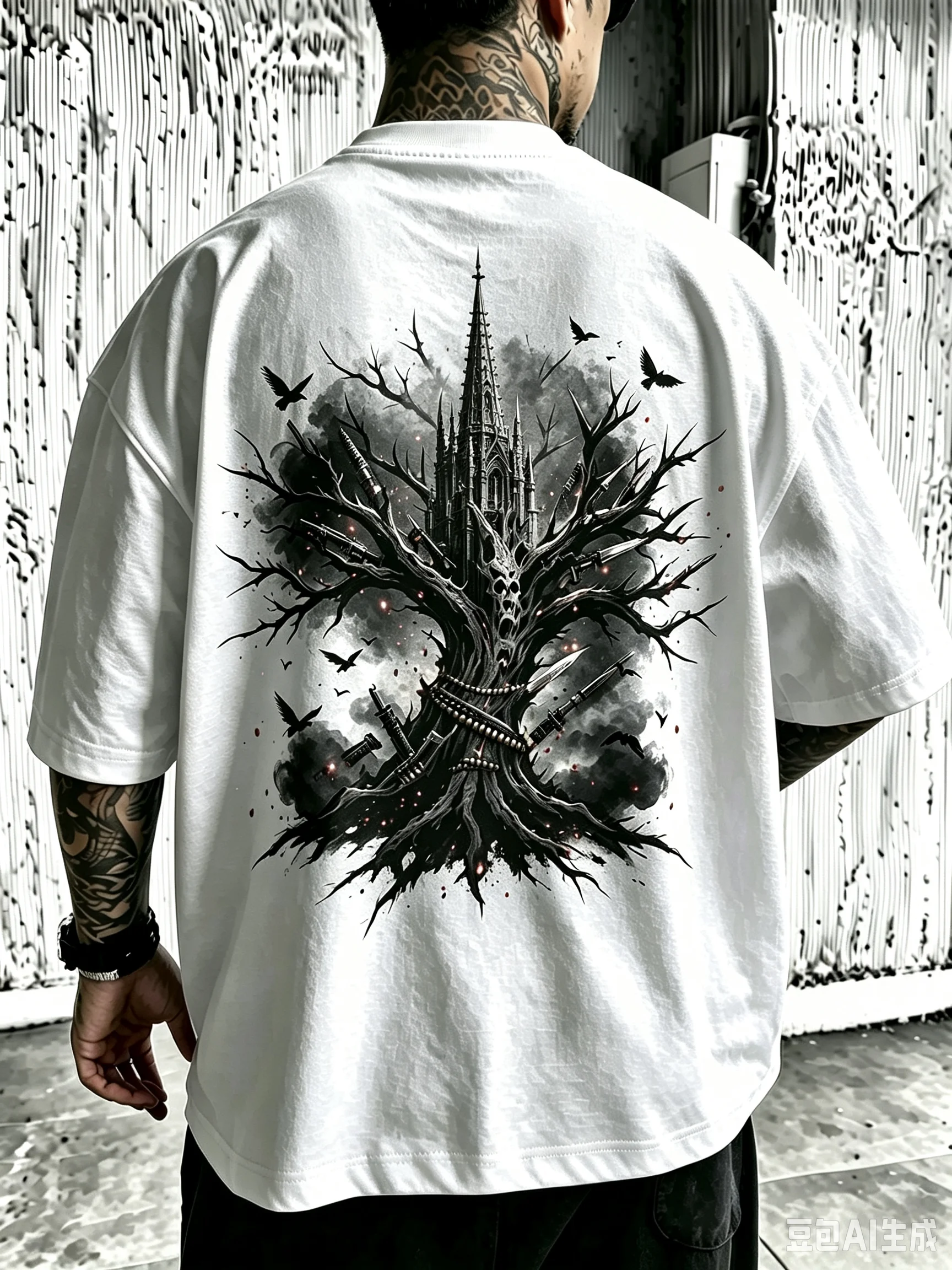 Oversized Unisex Casual T-Shirt For Men & Women, Dark Gothic Church Dead Tree Crow Gun Blade Back Print Tee, Medieval Horror Aesthetic Vintage Streetwear Cotton Short Sleeve Tops