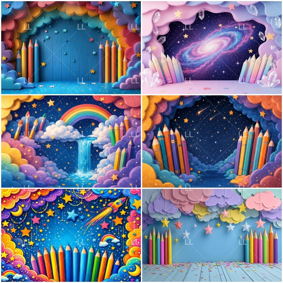 

Cartoon Rainbow Colorful Pencil Starry Sky Backdrop Children's Birthday Party Decoration Kids Art Photography Background Props