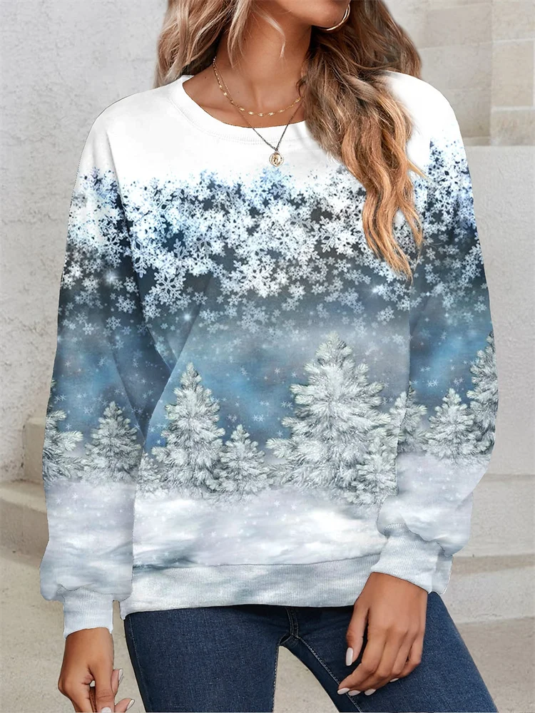 Women's Sweatshirt Festive Holiday Cats Christmas Tree Print Tee Crew Neck Long Sleeve Casual Comfort Winter Apparel Teal Top