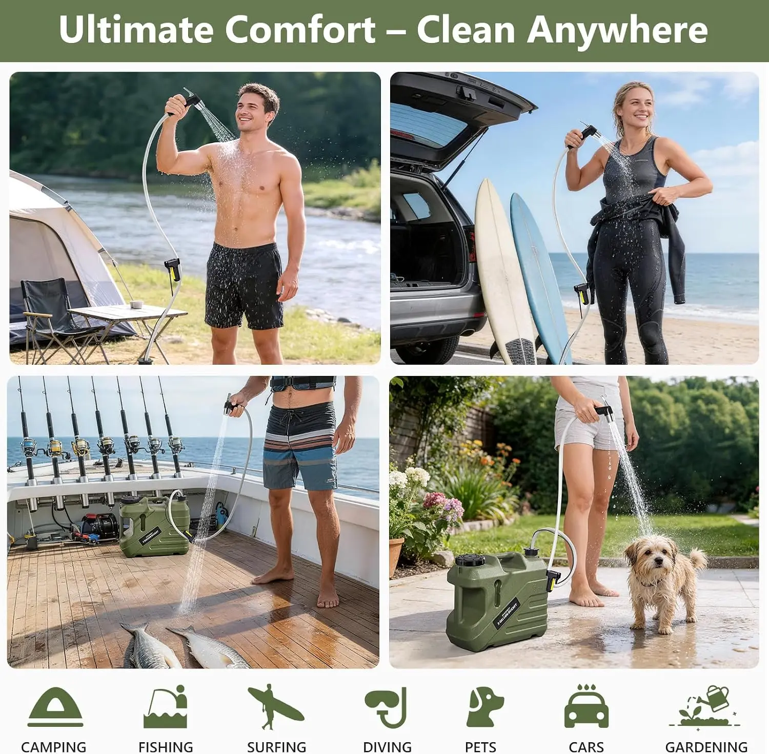 Portable Camping Shower 5 Gallon Water Jug 2 Batteries Electric Integrated Leak Proof Food Grade Tank Camp Pump Outdoor Beach Hi