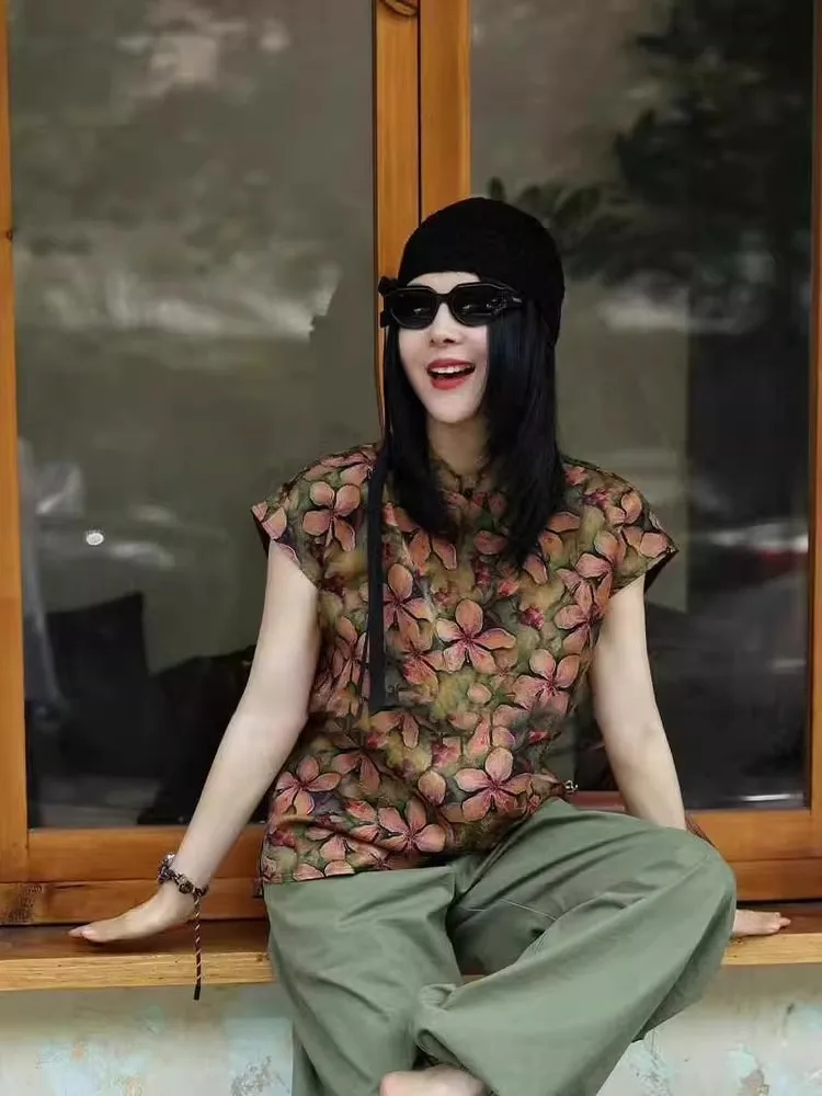 Nouveau chinois Sle jeune rétro Tang costume irt Ladylike coupe ample ort Sve col montant imprimé fleuri été 2025 haut tendance