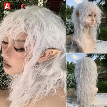 女性用フリンジ付き合成ロングカーリーコスプレウィッグ、純白ウール、ロール、ロリータ、ハロウィーン、女性用