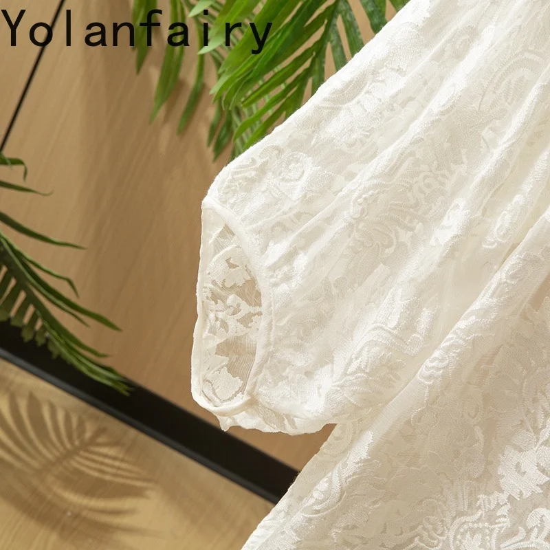 YOLANFAIRY 100% Mulberry Silk Summer Blouse Woman Elegant Embroidery White Top Sun-protective Pullovers Lantern Sleeve Blouses