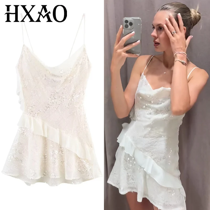 Hxao vestidos femininos em camadas lantejoulas deslizamento vestido verão 2025 sexy mini vestidos de noite brancos elegantes sem mangas sem costas