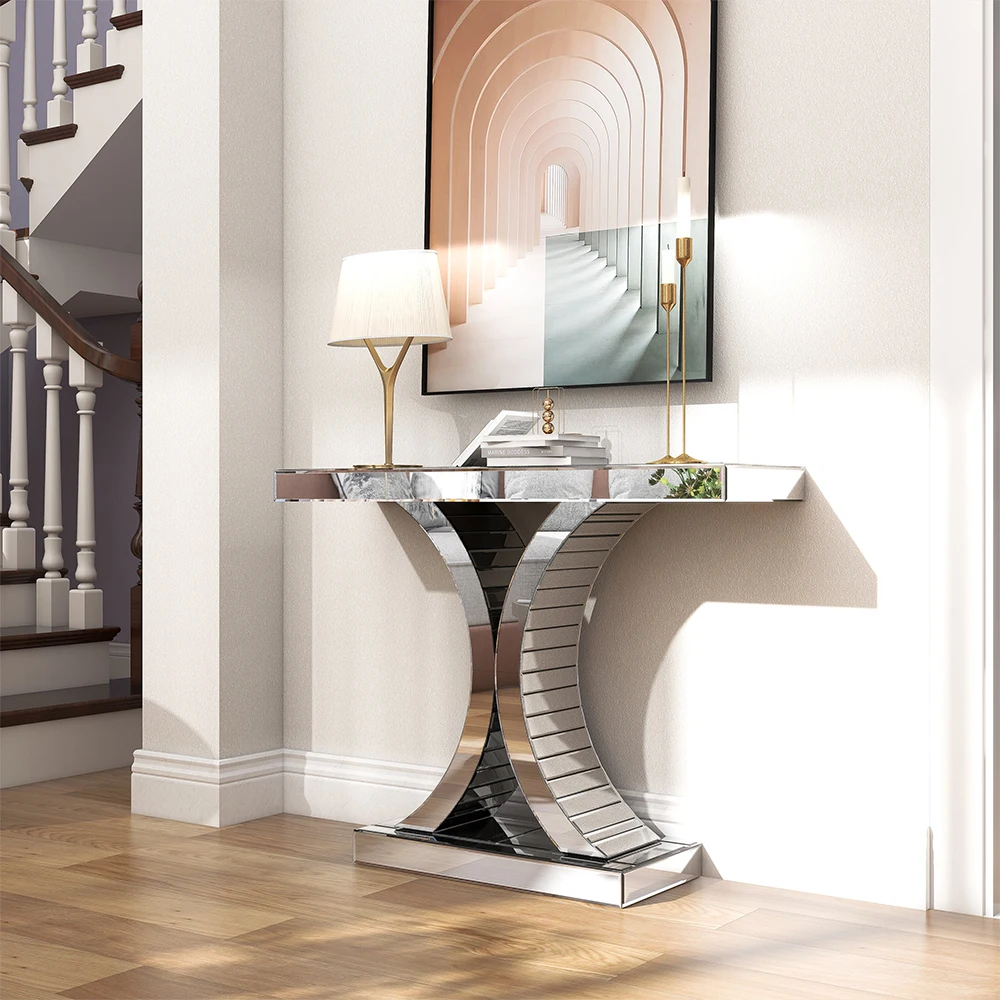 

43.3'' Mirrored Glass Console Table Entryway Living Sofa Table