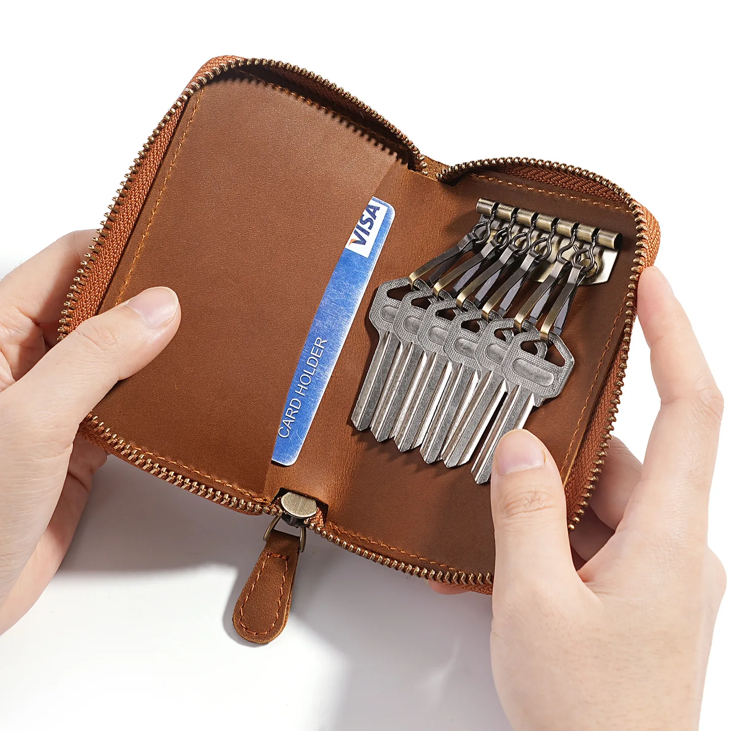 Genuine Leather Keychain Key Case Zippered Keys Wallet with 6 Hooks Case Portable Card Holder Car Key Holder Wallet for Key Fob