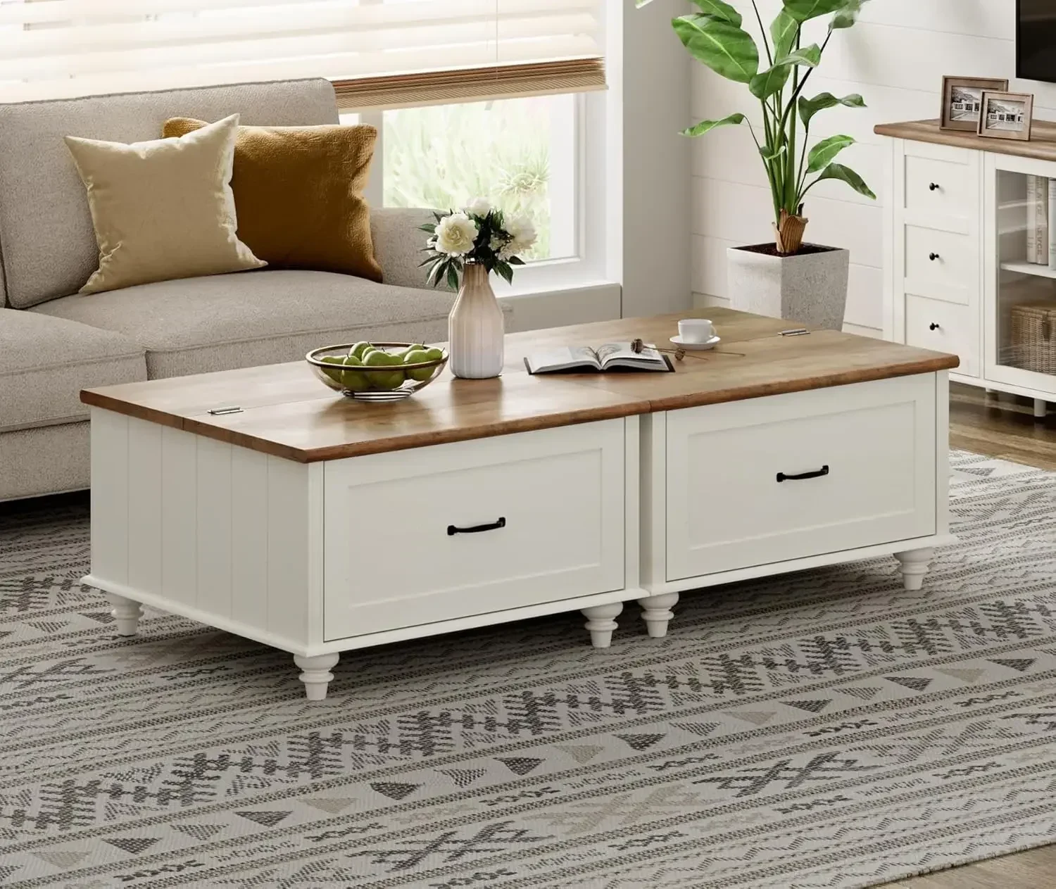 Farmhouse Coffee Table with Storage, Set of 2 Square Coffee Table with Lift Top & Drawers for Living Room, Wooden Center Table f
