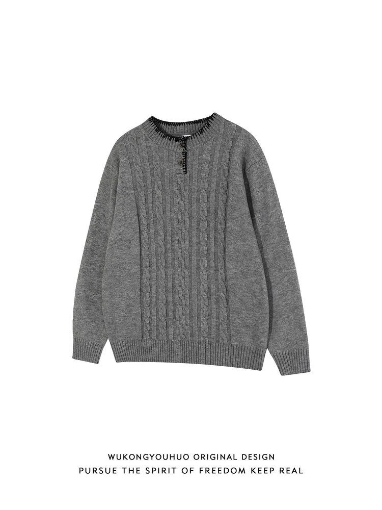 

Autumn Winter Hand Sewn Men's Knitwear Vintage Striped Henry Collar Sweater Design Comfortable Fit Long Sve Crew Ne