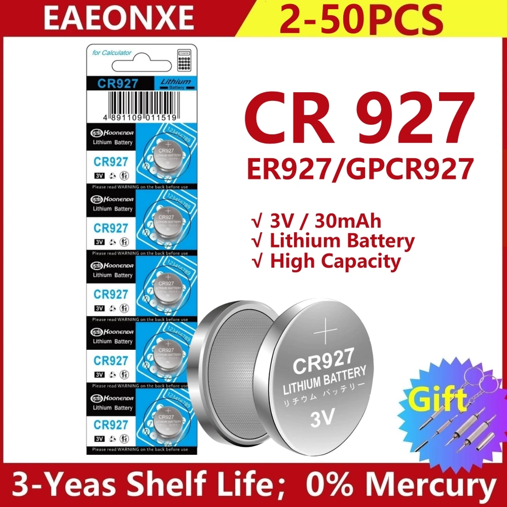 Baterias do botão da moeda do lítio 3V, brinquedos do controle do relógio, 38mAh, 927, DL927, BR927, ECR927, 5011LC, 2-50 PCes