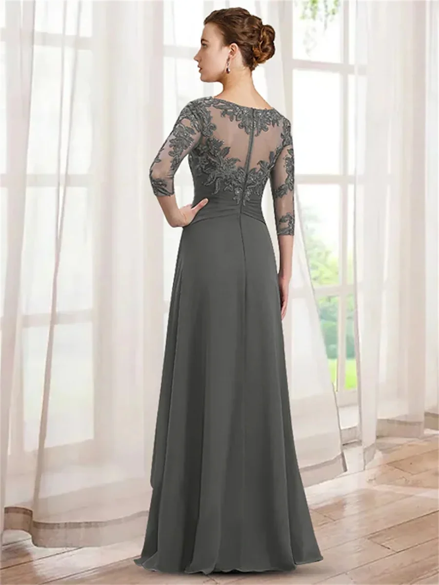 Mother of the Bride Dress Elegant Floor Length Chiffon Lace Grey A-Line 3/4 Length Sleeve with Ruffles Appliques