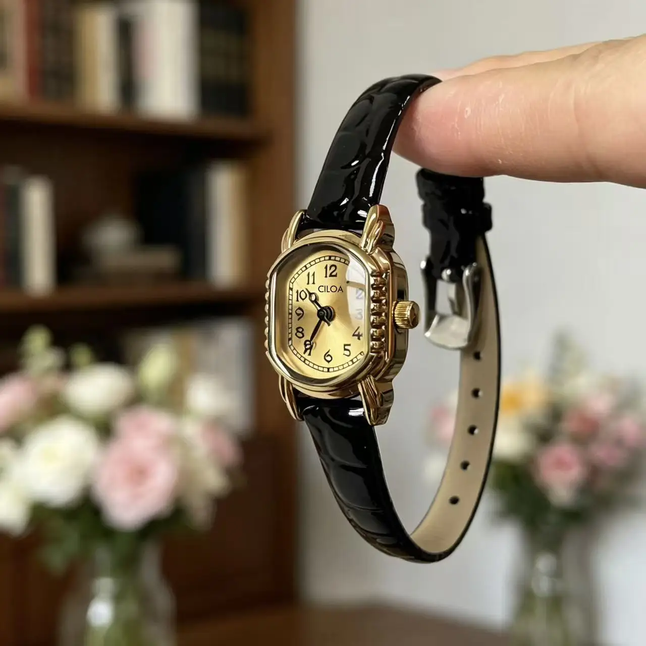 CILOA-Vintage Women Small Octagon Quartz Watch Black Leather Strap Gold Case Elegant Wristwatch Reloj Mujer