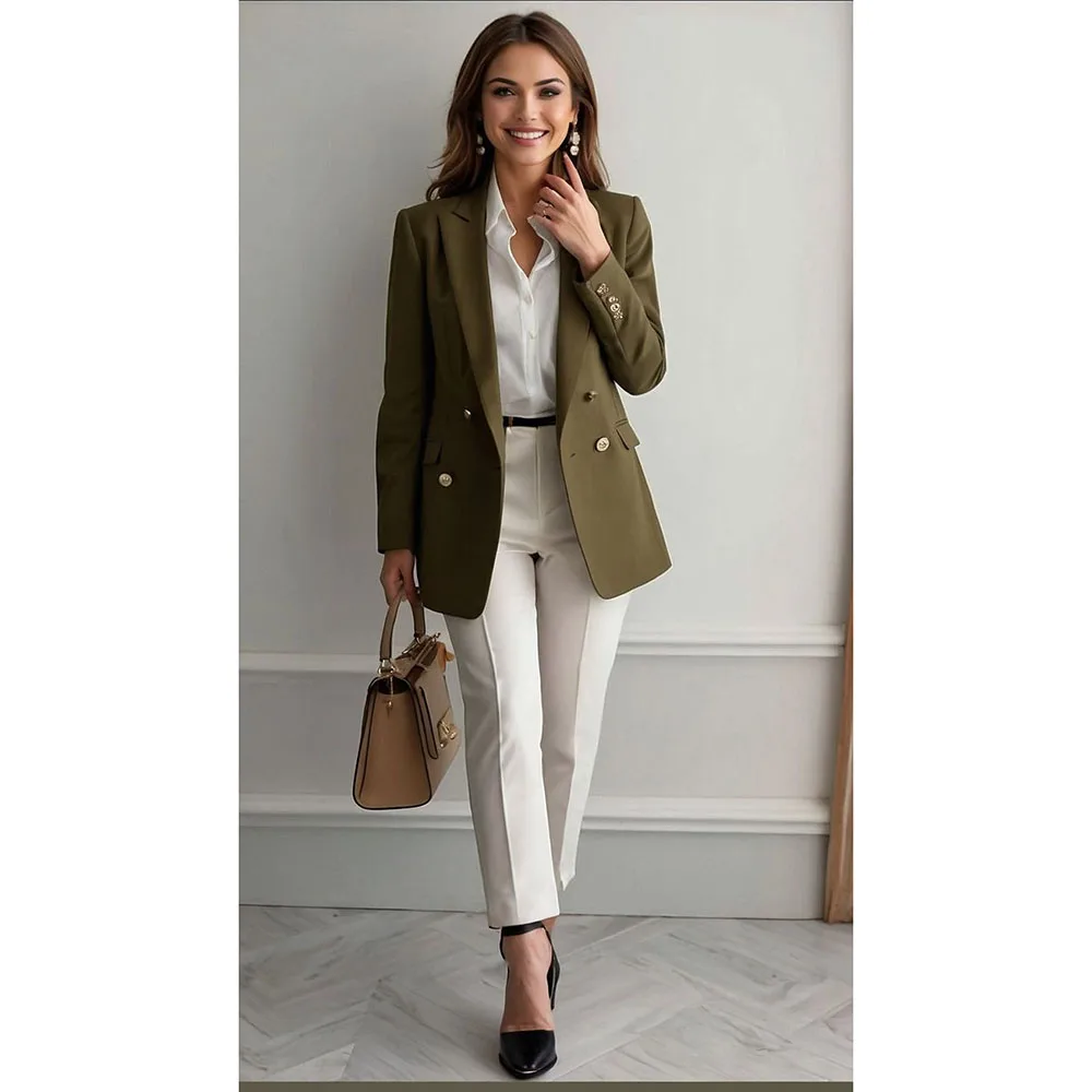 

Fashion Women's two pieces suit set with Double Breasted Jacket White Pants Smart Fit Office Banquet Daily Life Female Clothing