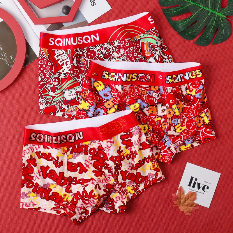 3 pcs red underwear men\'s boxer briefs cotton Male underpants breathable and comfortable men\'s underwear Cool underpants