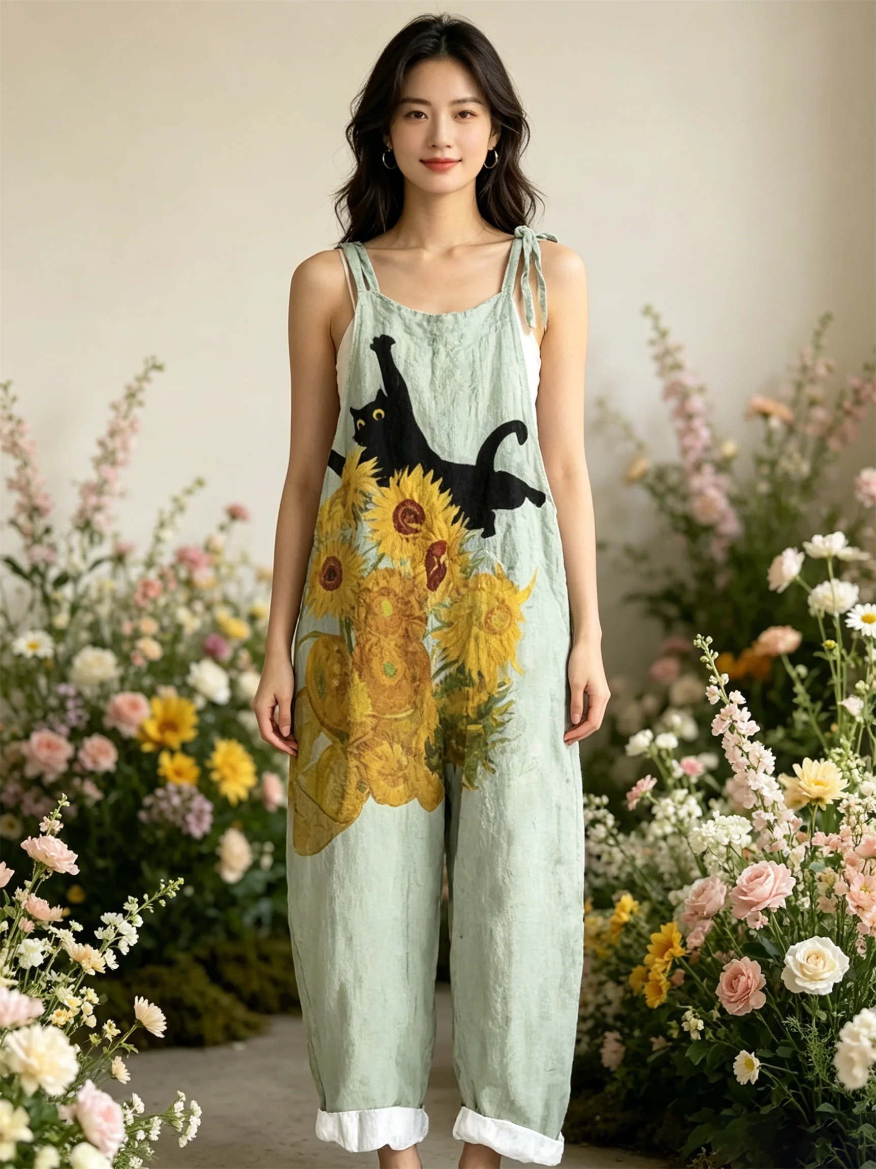 2026 Women's Black Cat Printed Work Pants Jumpsuit, off Shoulder Sleeveless Loose Lantern Pants, Casual Wear