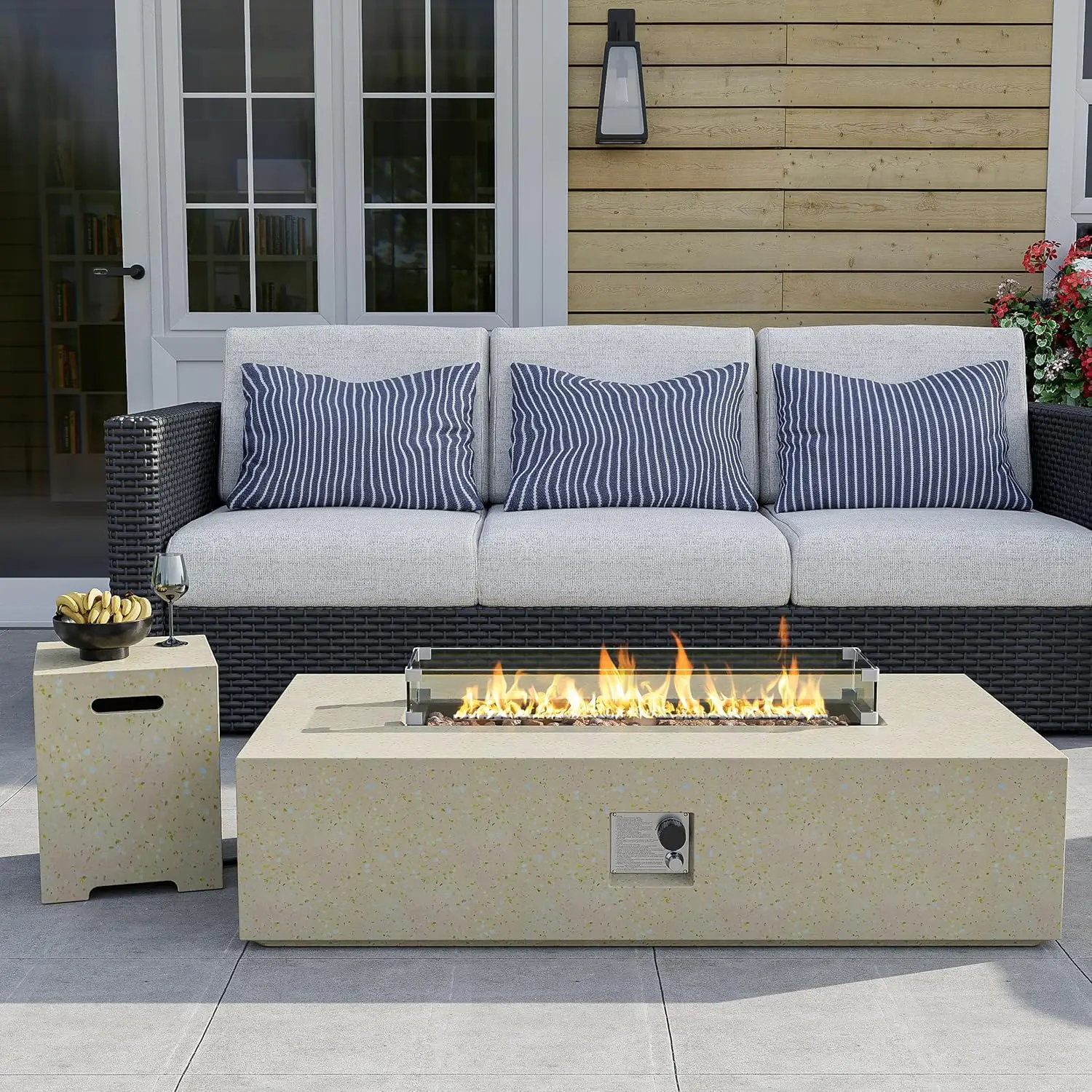 56-inch Outdoor Propane Gas Fire Pit Table 50000 BTU Concrete Rectangle Fire pit with Tank Cover, Wind Guard