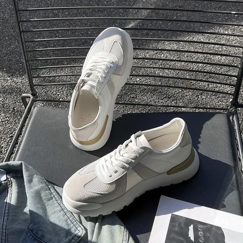 Baskets décontractées en cuir véritable pour homme - Couleur unie, chaussures d'extérieur et de skate_voghion.com