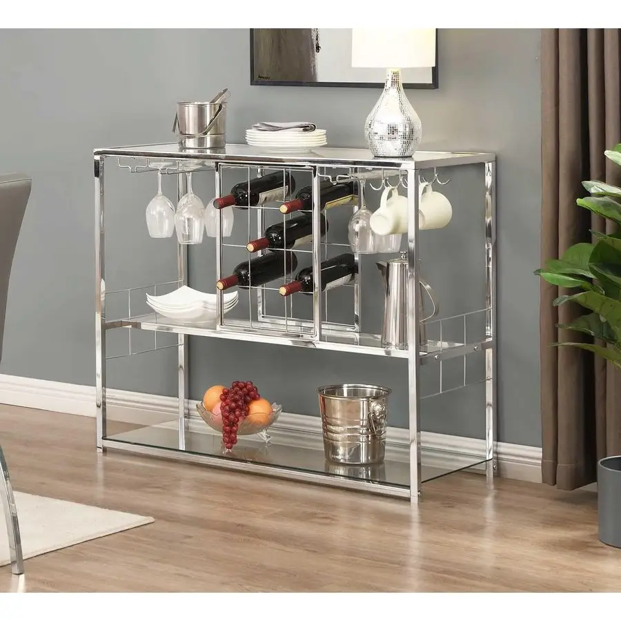 Wine Rack Table with Glass Holder, 3Tier with Temered Glass Shelves, Modern Liquor Cabinet with Storage for Wine Bar, Living Roo