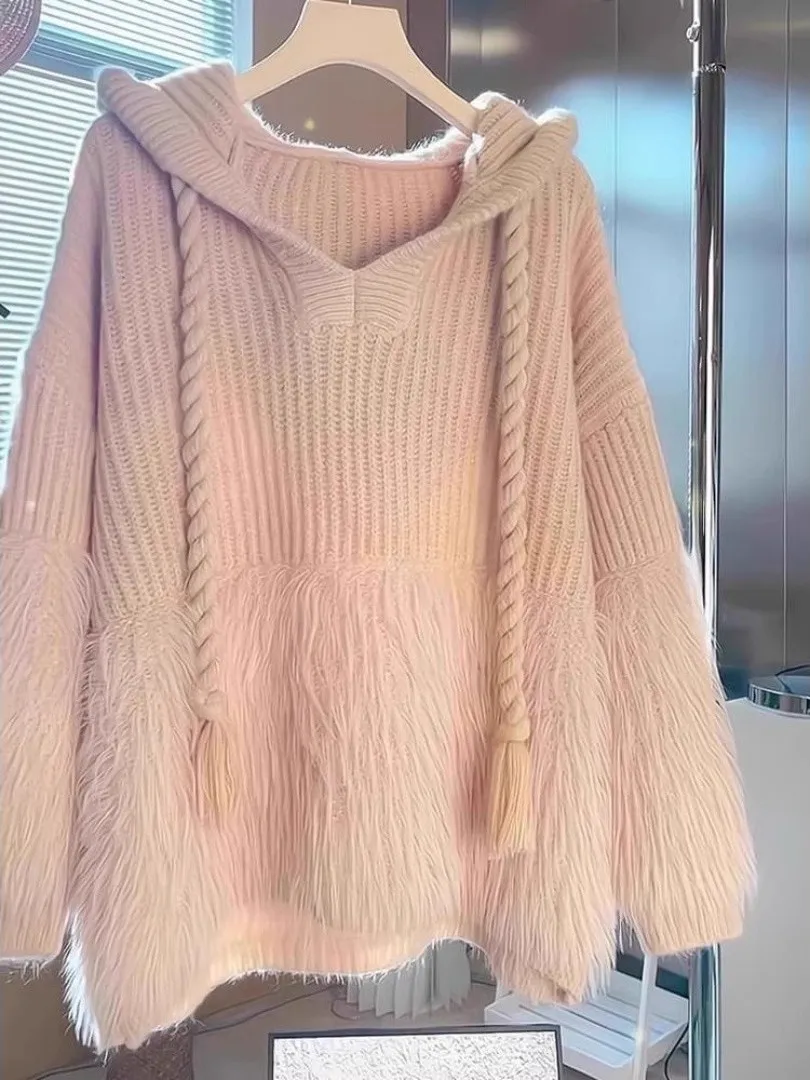 

Свитер унисекс оверсайз 300 Pou, оригинальный дизайн, розовый, с капюшоном, комбинированный, весенний, свободный крой, модный, вязаный, из полиэфирного волокна