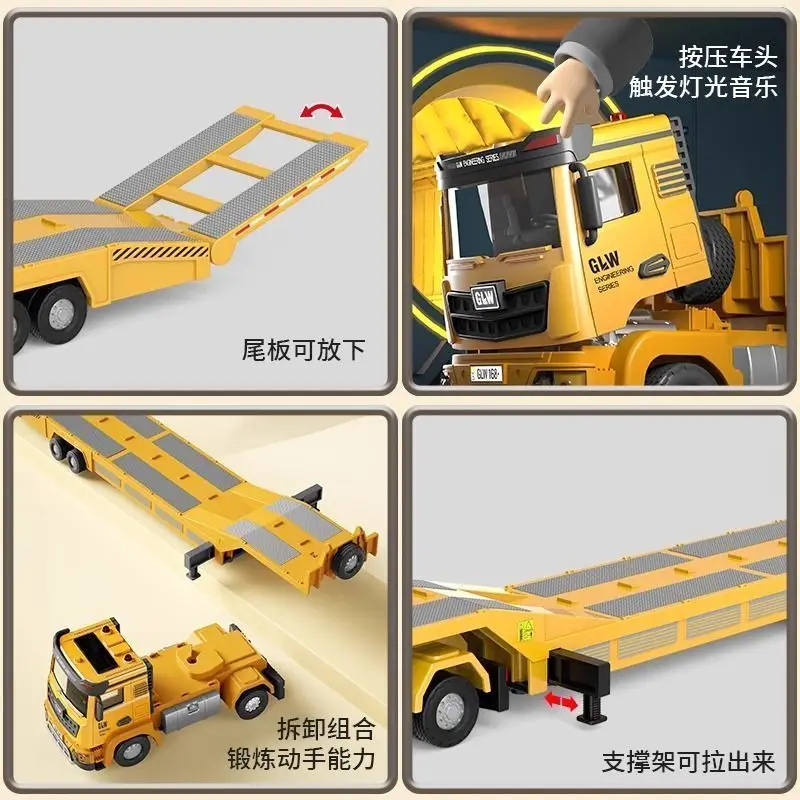 Zabawka dla chłopców: model koparki, pojazd budowlany z dźwiękiem i światłem, napędem pull-back, duża platforma transportowa, przyczepa dla dzieci, wykonany ze stopu.