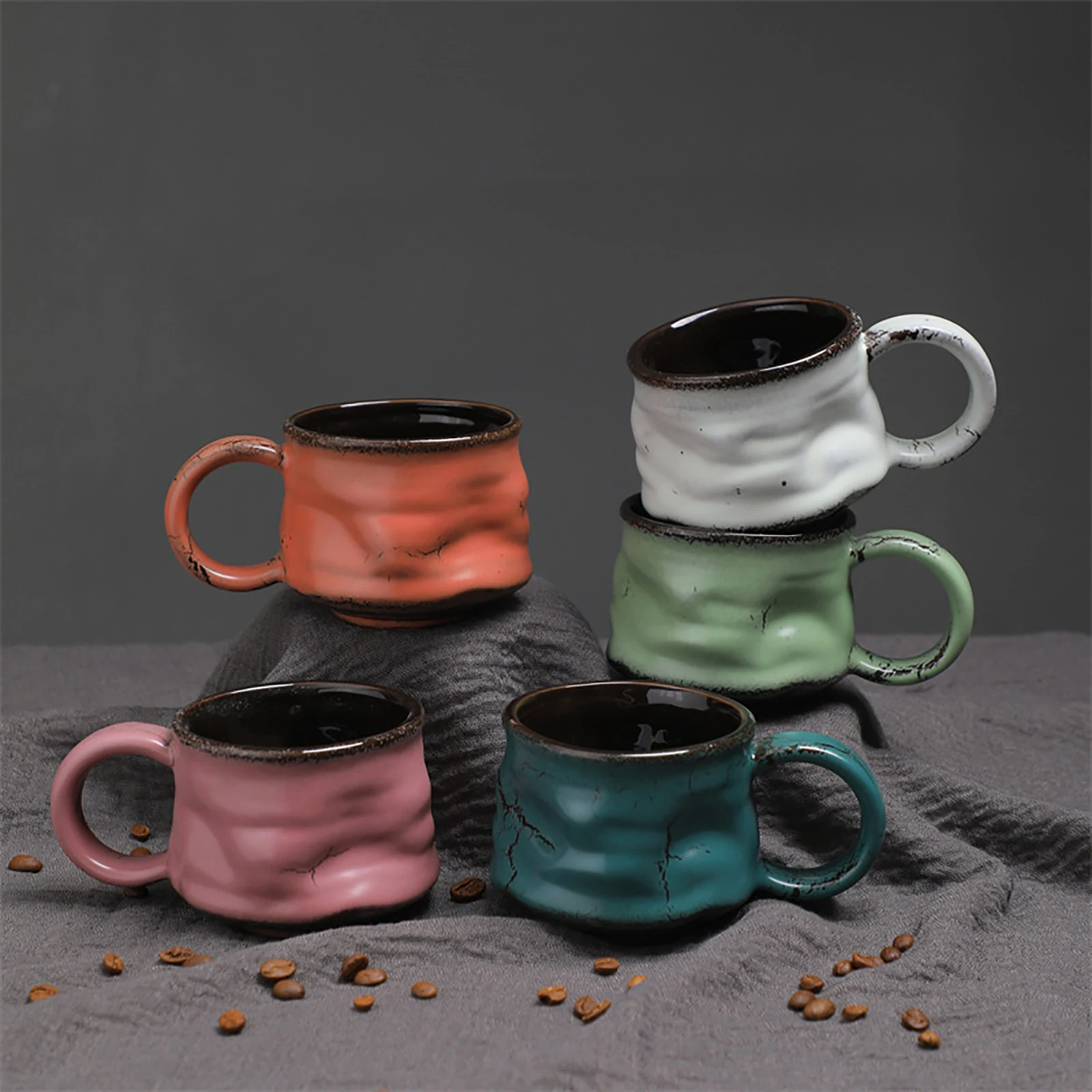 

Vintage Distressed Ceramic Coffee Mug – 8.1 oz Rustic Crackle Glaze, Handcrafted in Coral, White, Sage Green, Pink & Teal