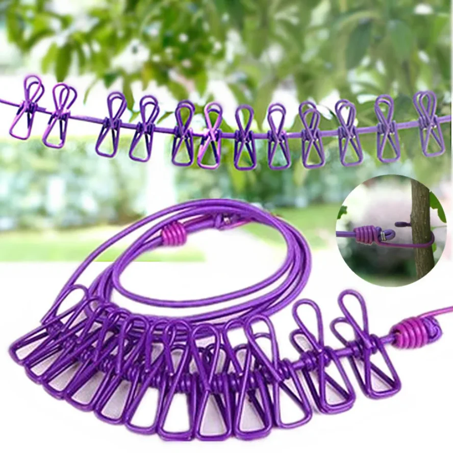 

4M Outdoor Camping Non-slip stretch clothesline With 12Clips Travel Stretchy Clothesline Sock Line Hanging Laundry Drying Rope