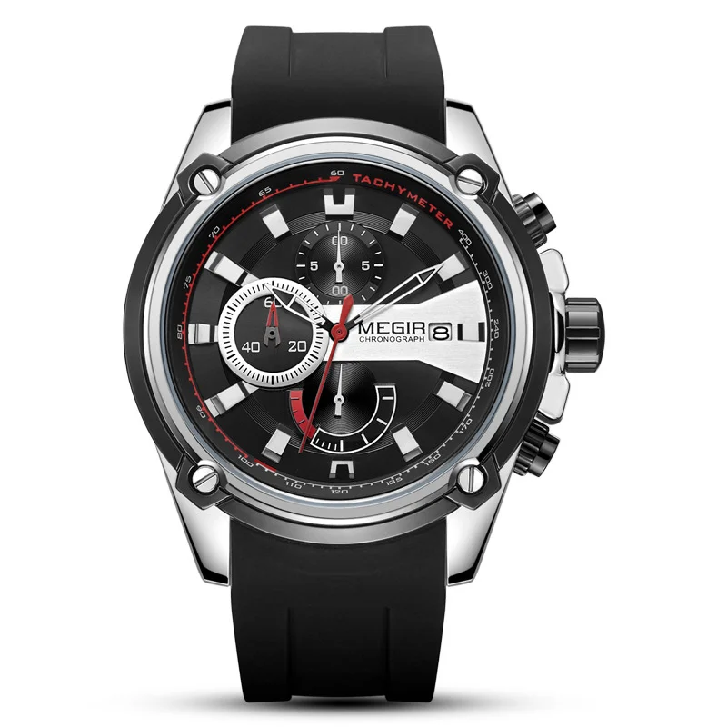 MEGIR 2086 Army Sports Quartz Watches Black Silicone Strap Casual Calendar Waterproof Military Marine Chronograph Wristwatch Rel