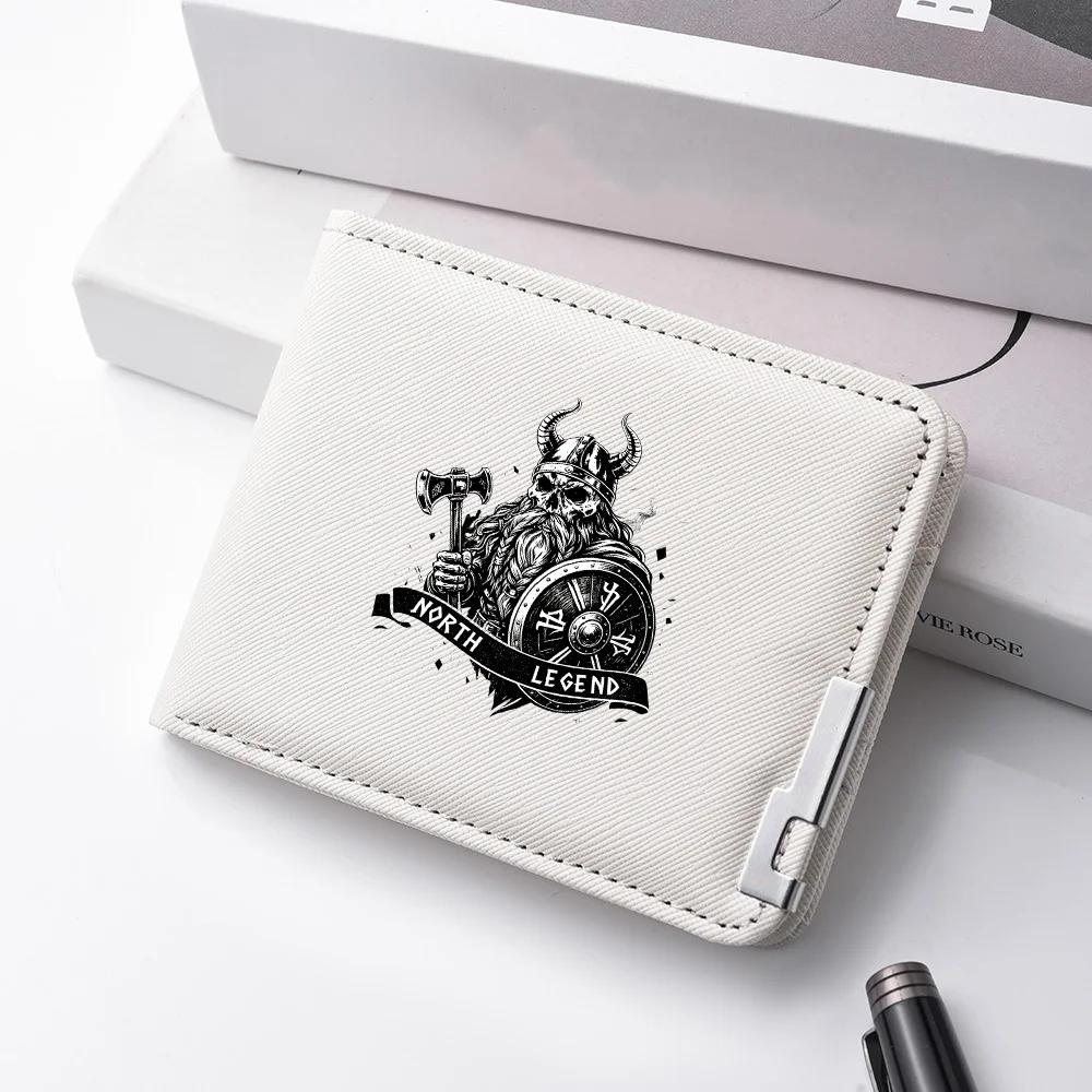 Men's Slim Double-Fold Wallet PU Leather Skull Axe Shield Pattern Multiple Card Slots And Holder Feature