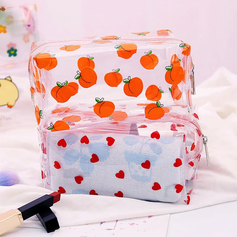 

1pc Visible Waterproof PVC Cosmetic Bags Brushes Lipstick Toiletry Makeup Organizer CaseFlower Heart Peach Washing Storage Bags