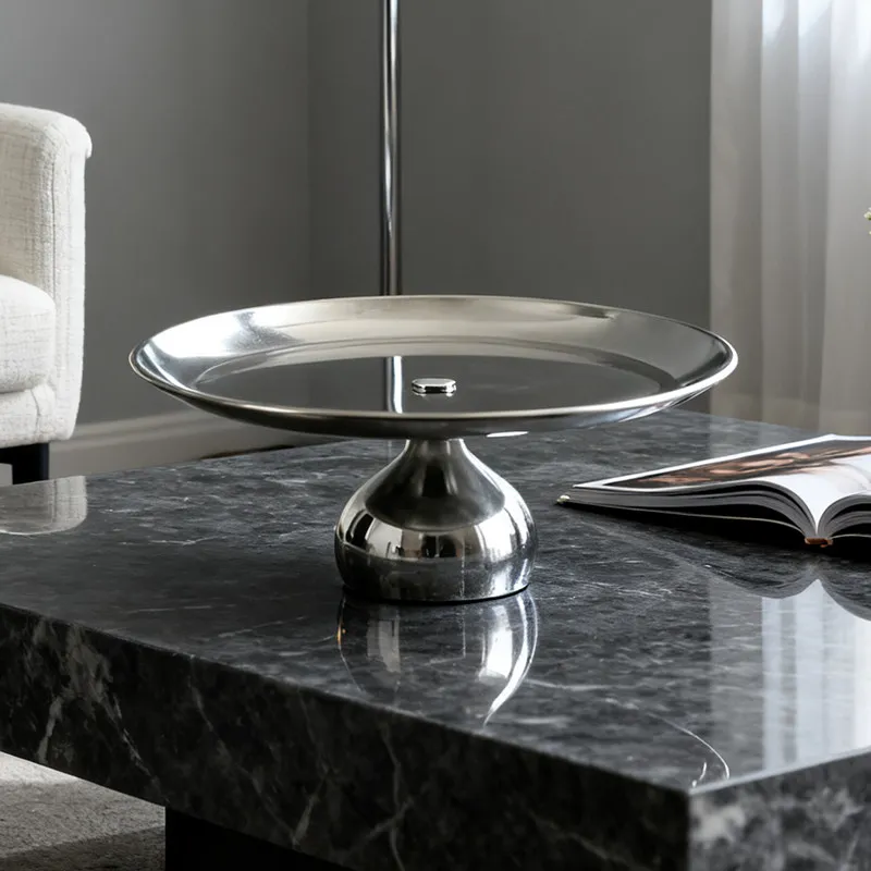 Luxury Silver Dessert Plate, High Foot Stainless Steel Dish, Serving Plates, Fruit Bowl for Cake, Home Decoration, Kitchen Table