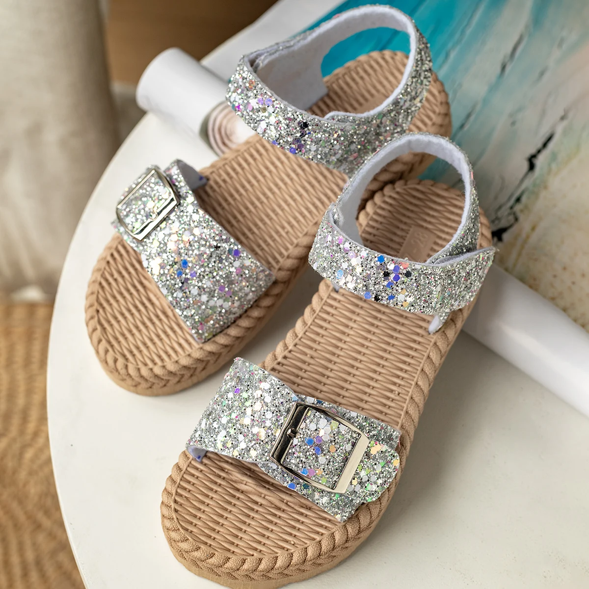 Summer Children's Fashion Trend Anti-slip Wear-resistant Pure Black Belt Soft Soled Beach Low Heels Sandals